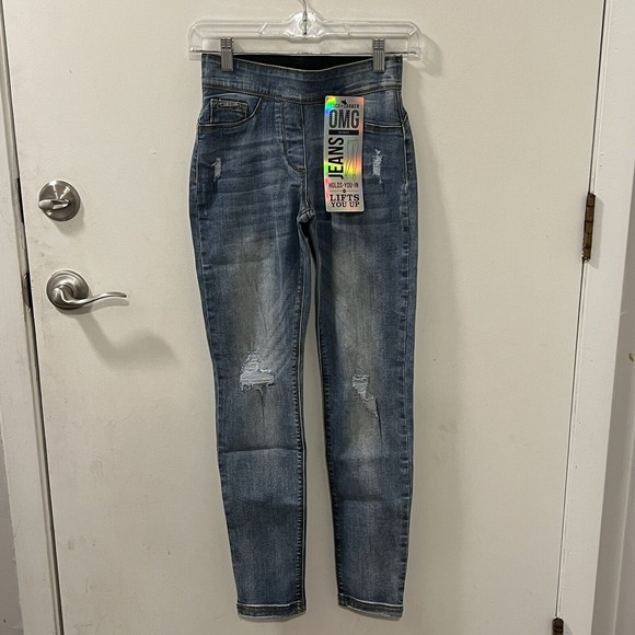 Coco + Carmen OMG Distressed Skinny Ankle Jeans Light Washed Pull On Pants Sz XS - Picture 3 of 11